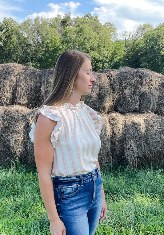 Vertical Striped Ruffle Sleeve Top