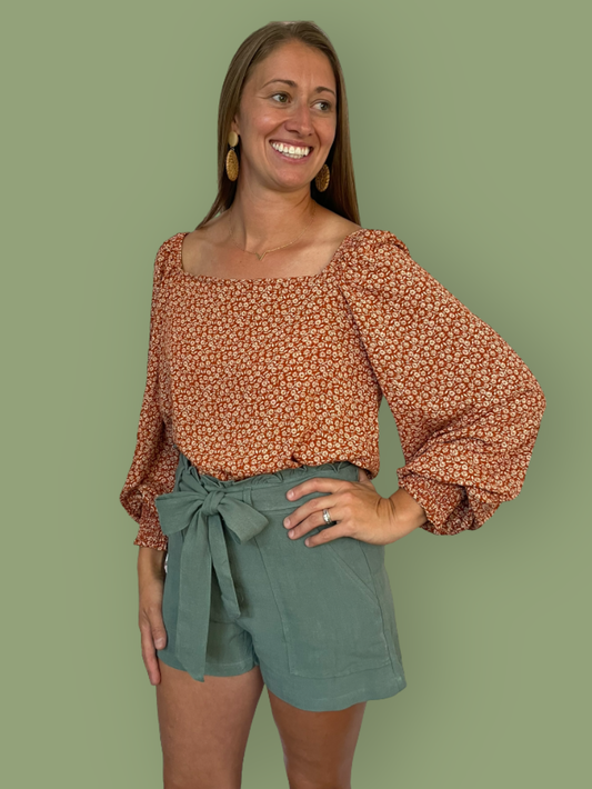 Square Neck Puff Long Sleeve Top