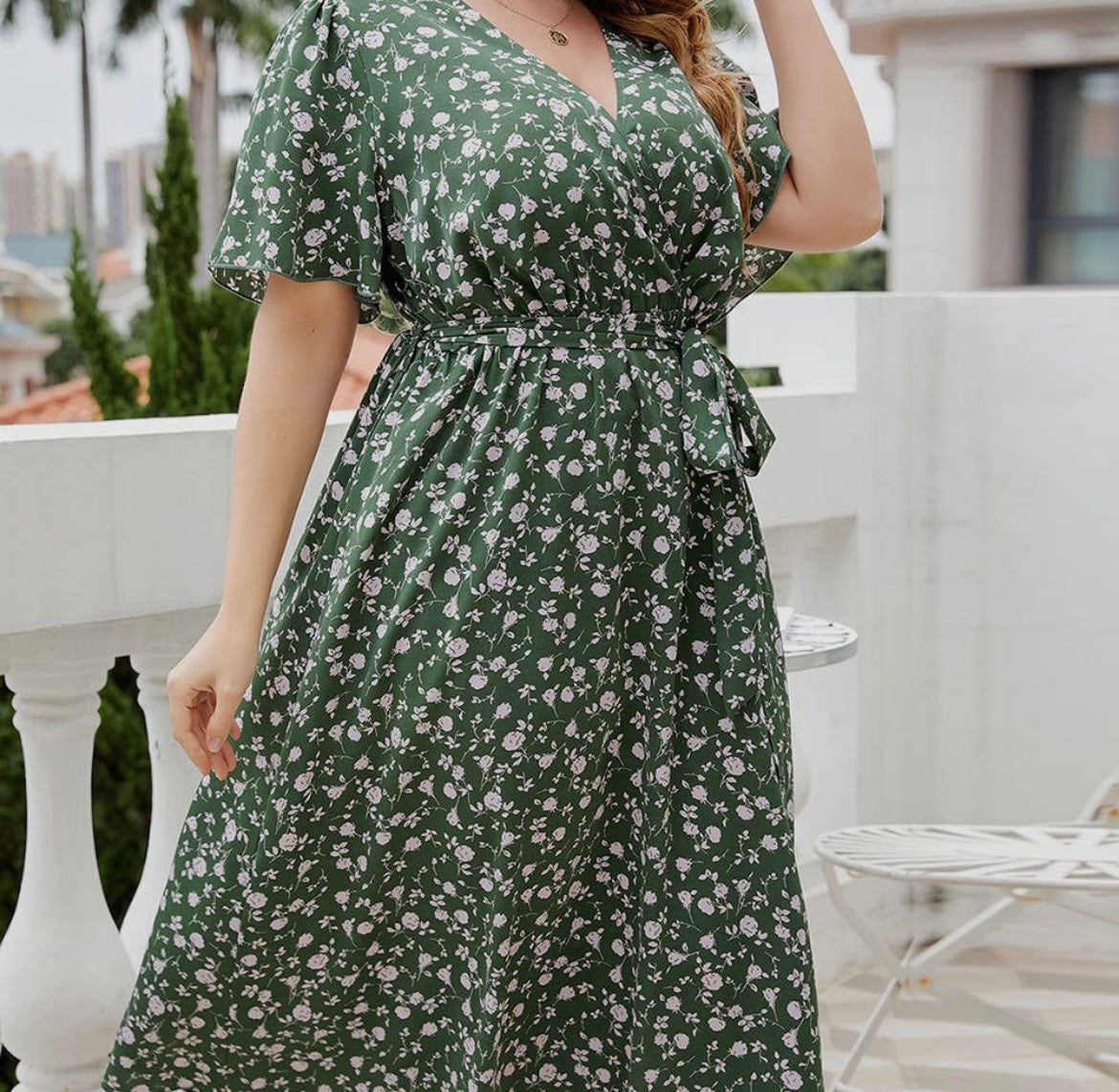 Green Floral V Neck Plus Dress