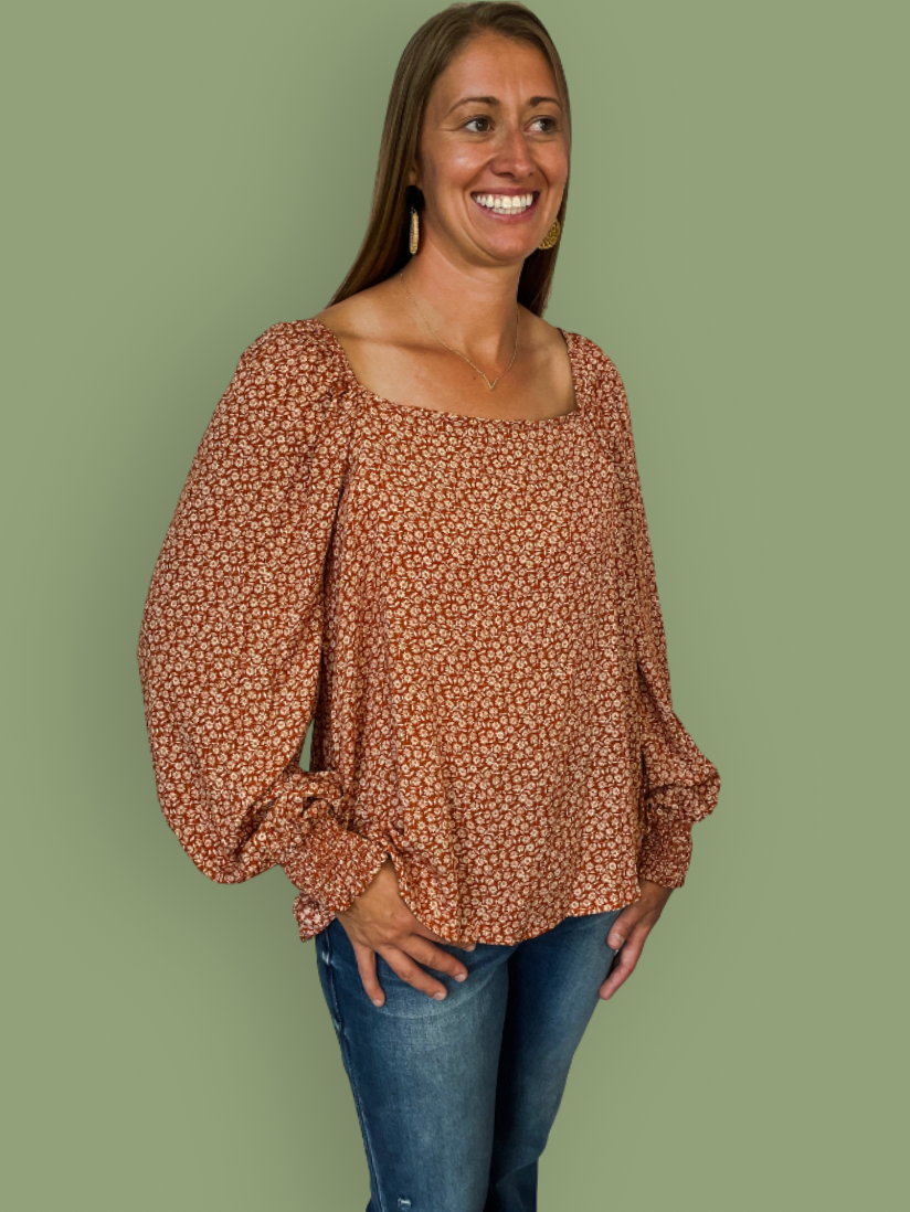 Square Neck Puff Long Sleeve Top