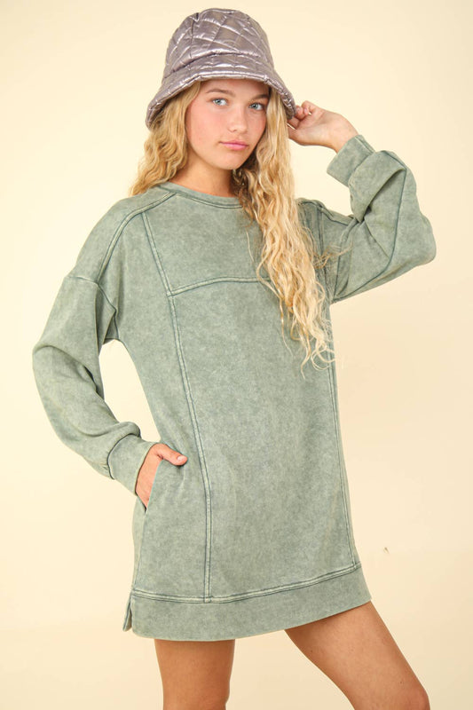 Mineral Washed Oversized Knit Sweatshirt Dress-Plus Size